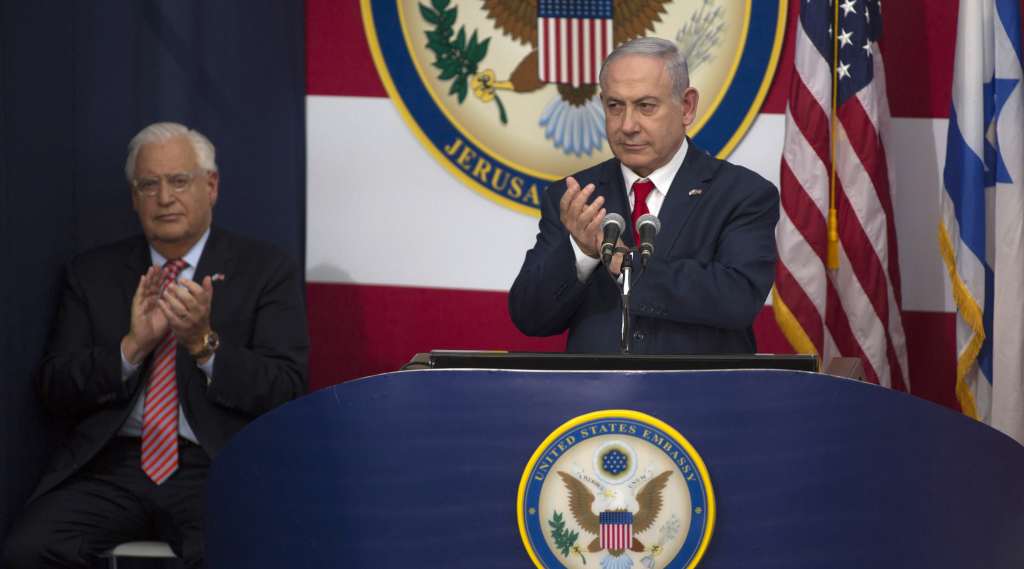 Israeli Prime Minister Benjamin Netanyahu speaks at the opening of the U.S. Embassy in Jerusalem, May 14, 2018. 