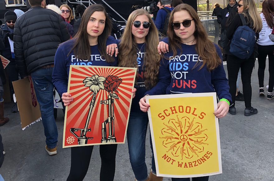 Emily Bernstein, left, a Jewish student from Marjory Stoneman Douglas High School in Parkland, Fla., who escaped the gunman on the day of the Feb. 14 massacre, with other activists at the March for Our Lives rally in Washington, D.C., March 24, 2018. (Courtesy of Bernstein)
