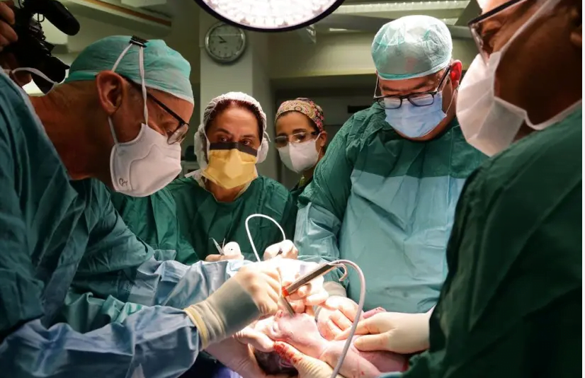 Un nouveau-né subit une intervention chirurgicale vitale au centre médical chilov de Tel Aviv. (crédit photo: MIRI GATTENYO / BUREAU DU PORTE-PAROLE ICHILOV)