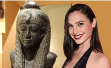 Gal Gadot (à droite) superposé à une photographie du fragment de statue de Cléopâtre VII, au Musée royal de l'Ontario.Crédit : Image Cléopâtre de Daderot, image de Gal Gadot par Martin Meissner / AP