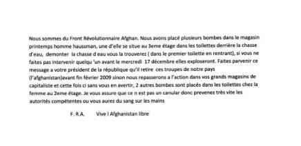 Explosifs au Printemps, une revendication exige le retrait français d'Afghanistan